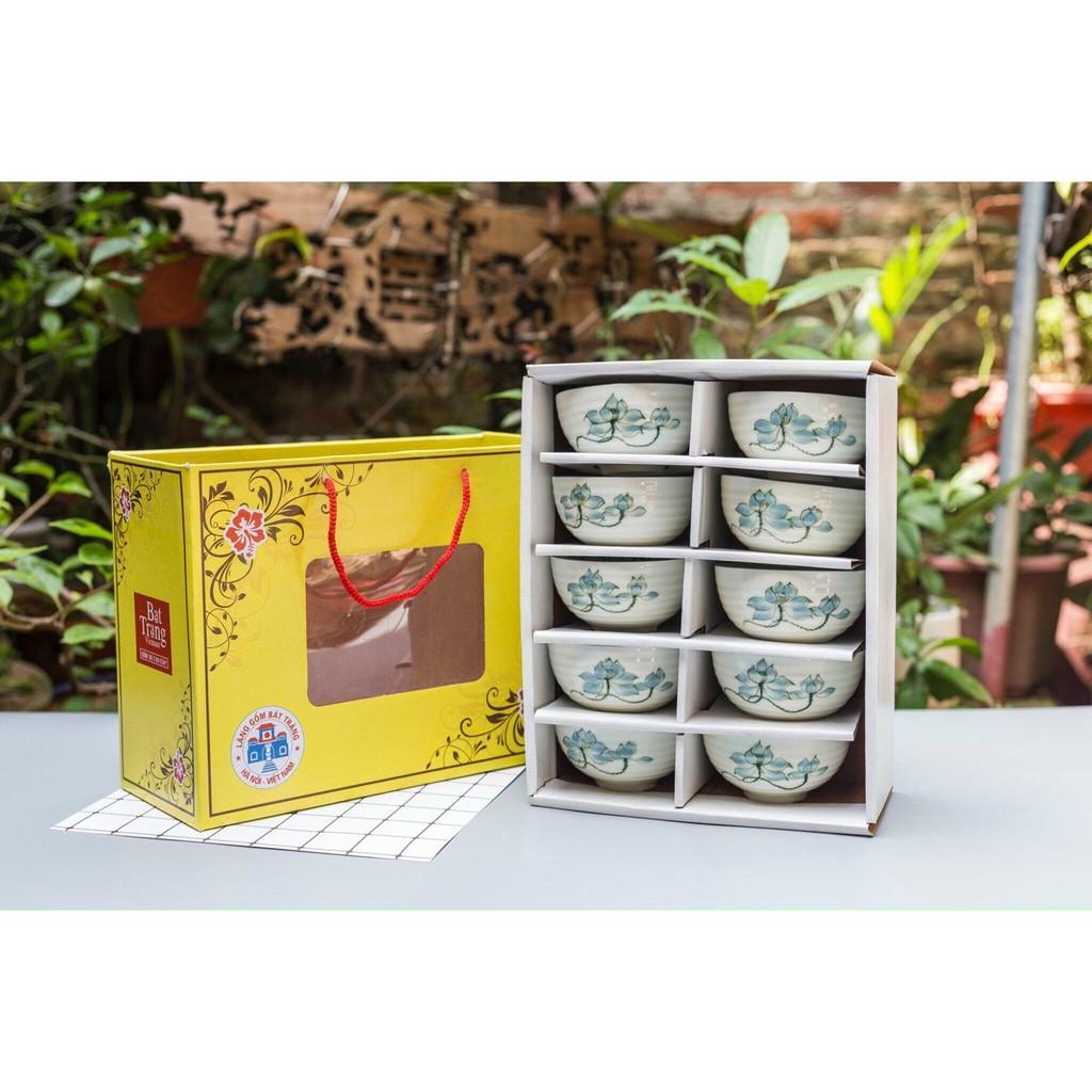 Bộ 10 Bát Cơm Men Kem Vẽ Hoa Nhiều Mẫu - Gốm Sứ Bát Tràng Cao Cấp - Bộ Đồ Ăn Gia Đình