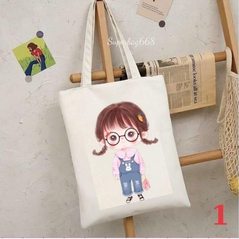 Túi tote tone vải canvas Hàn Quốc hoạ tiết cô gái đựng vừa A4 laptop đi chơi đi học Superbag668 HQ215