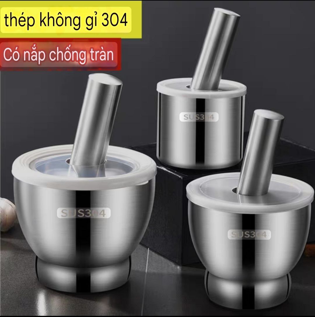 Bộ Cối chày Inox 304 - có nắp chống văng chống trượt không gây tiếng ồn - hàng cao cấp