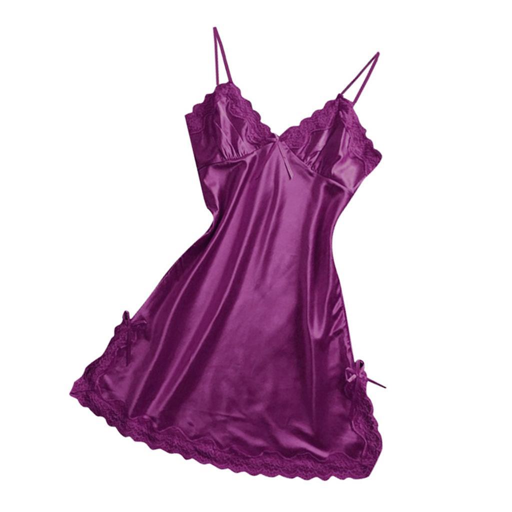 Womens  Lingerie Sleepwear Satin Bowknot Lace  Cami Dress