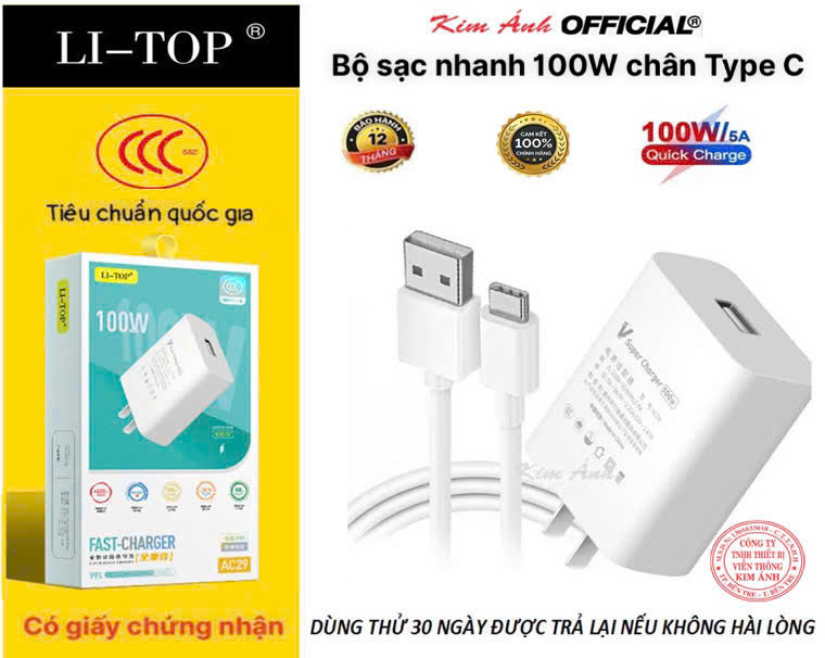 Bộ sạc nhanh LI-TOP AC29 100W chân Type C , có chứng nhận 3C tiêu chuẩn quốc gia, bảo hành hàng chính hãng 12 tháng