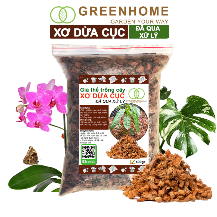 Xơ dừa cục đã qua xử lý, size 1-2cm, bao 400gr, giá thể kiểng lá, phong lan |Greenhome