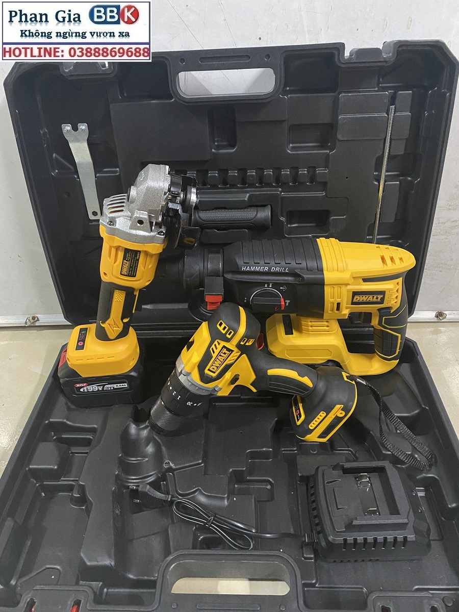 Bộ Combo Máy Khoan Đục Bê Tông, Máy Mài Và Máy Khoan Pin Dùng Pin 199V, 2 Pin 15Cell, Động Cơ Không Chổi Than, Bảo Hành 12 Tháng