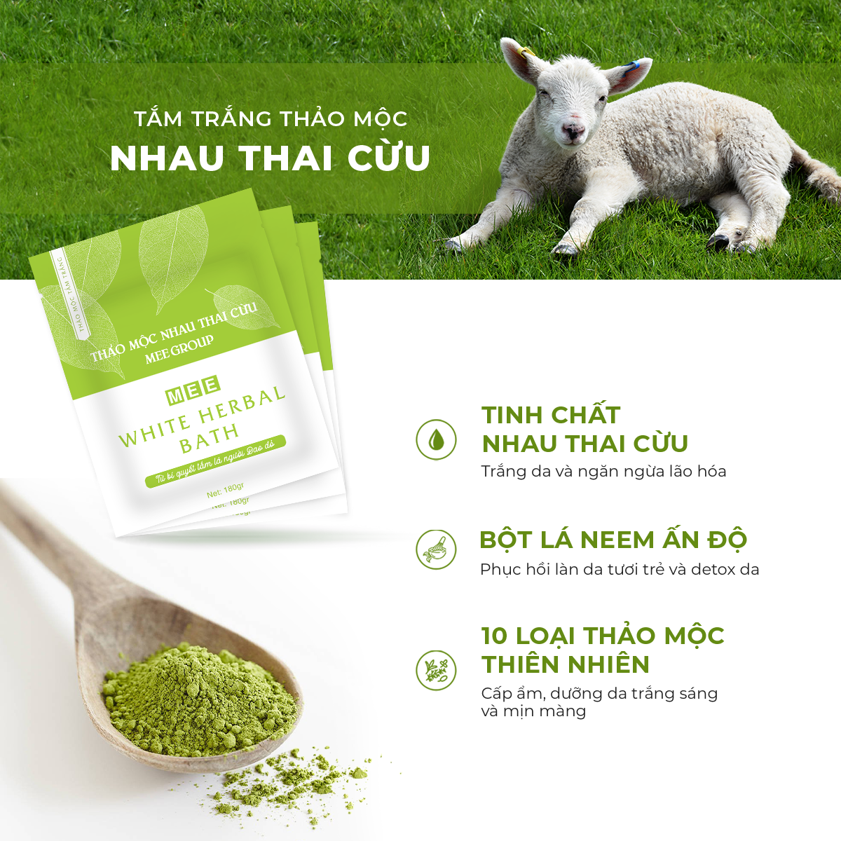 Tắm Trắng Nhau Thai Cừu - Combo 3 tắm trắng MEE NATURAL