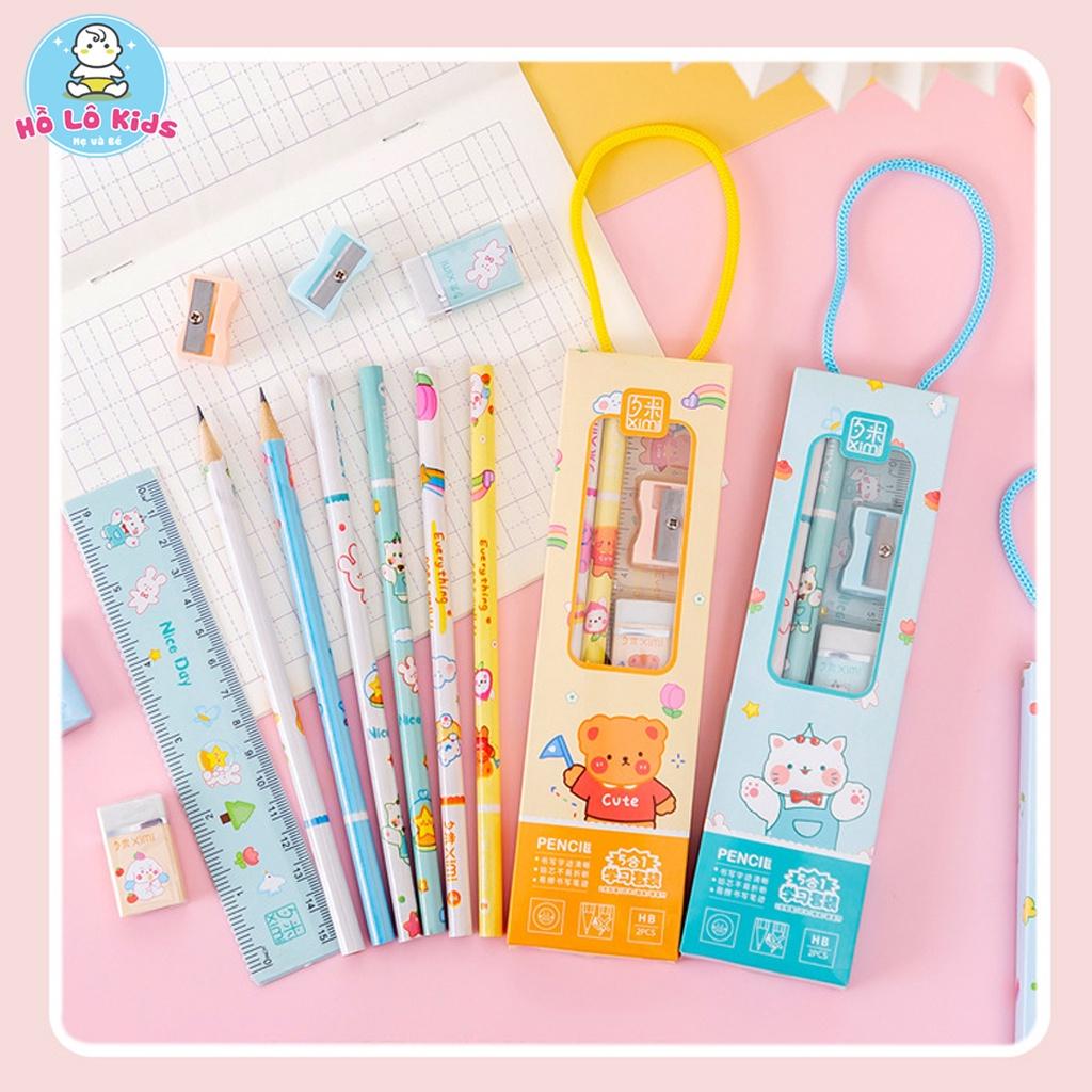 Set 4 chi tiết thước kẻ, bút chì, gọt bút, tẩy có hộp quai đeo cho bé đi học Hồ Lô Kids