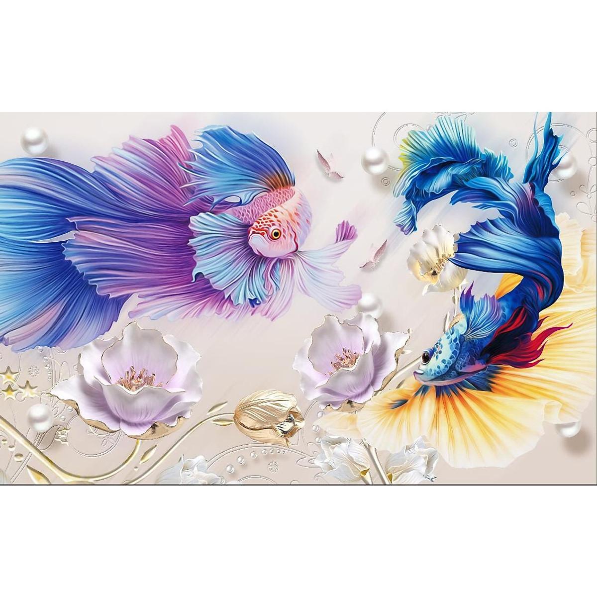 Tranh dán tường 3D Hiện Đại đôi cá nghệ thuật