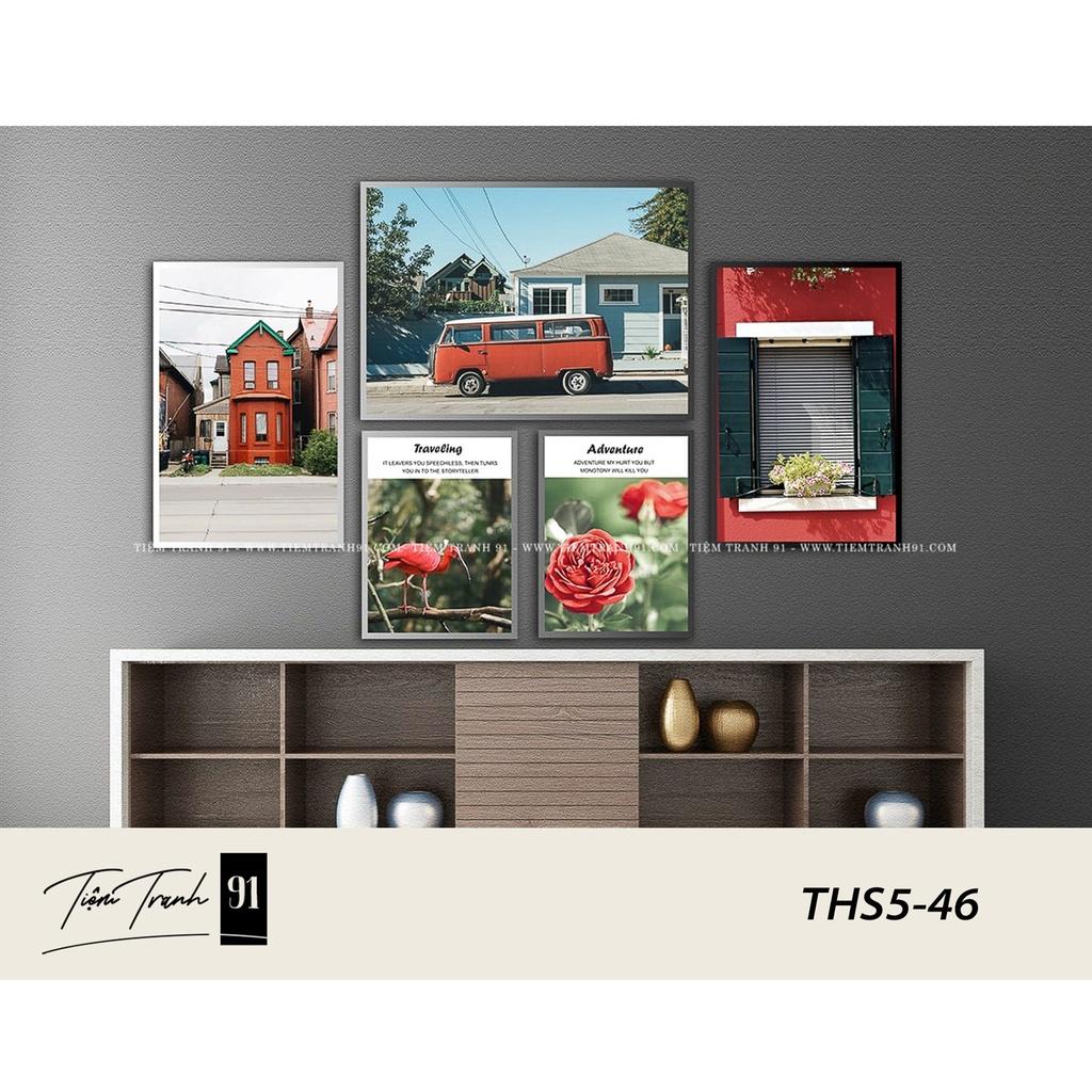 Bộ 5 tranh treo tường phòng khách, tranh dán tường siêu nhẹ, dễ lắp đặt, in theo yêu cầu