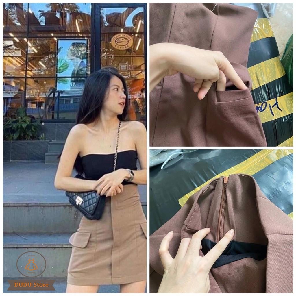 Chân Váy Nữ Cạp Cao Siêu Tôn Dáng Có Nắp Túi Khoe Eo Khoe Mông