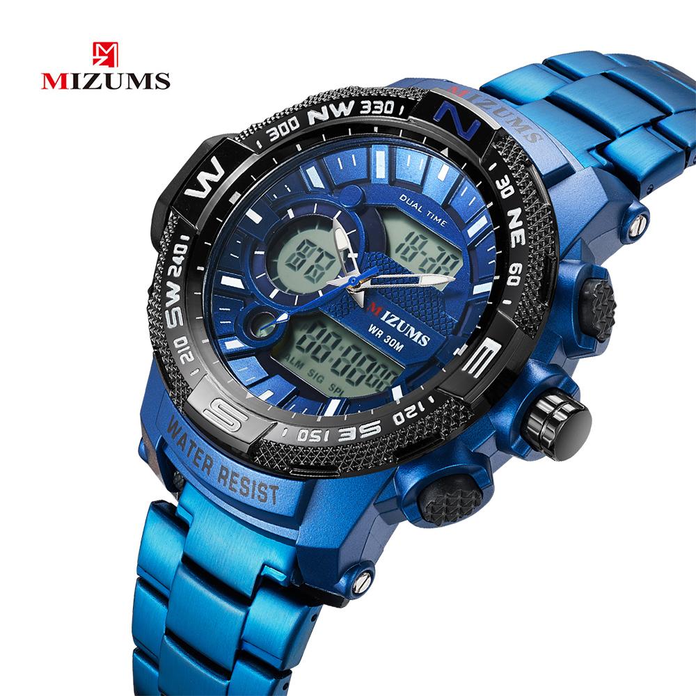 Đồng hồ thời trang MIZUMS Nam,Vỏ hợp kim thép không gỉ Dây đeo kỹ thuật số Analog Dual Movement