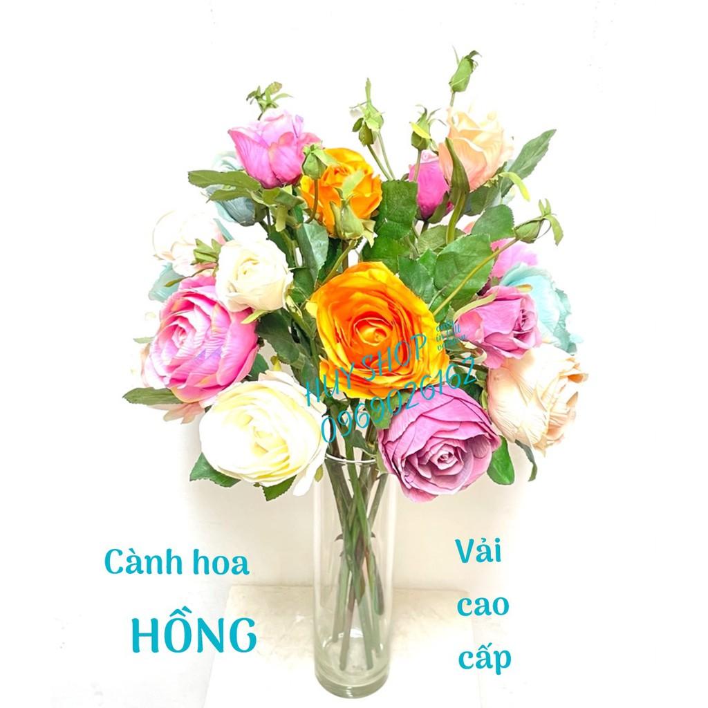 HOA GIẢ TRANG TRÍ - CÀNH HOA HỒNG VẢI CAO CẤP 2 BÔNG 55CM