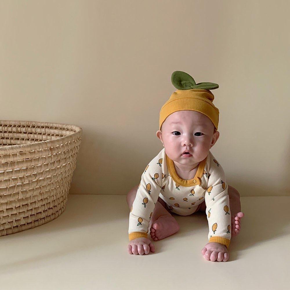 Sơ Sinh Bé Gái Bé Trai Bodysuit Cotton Mùa Thu Chanh In Jumpsuit Tay Dài Bodysuit Cho Bé Có Mũ 2 Bộ Quần Áo Cho Bé trang Phục