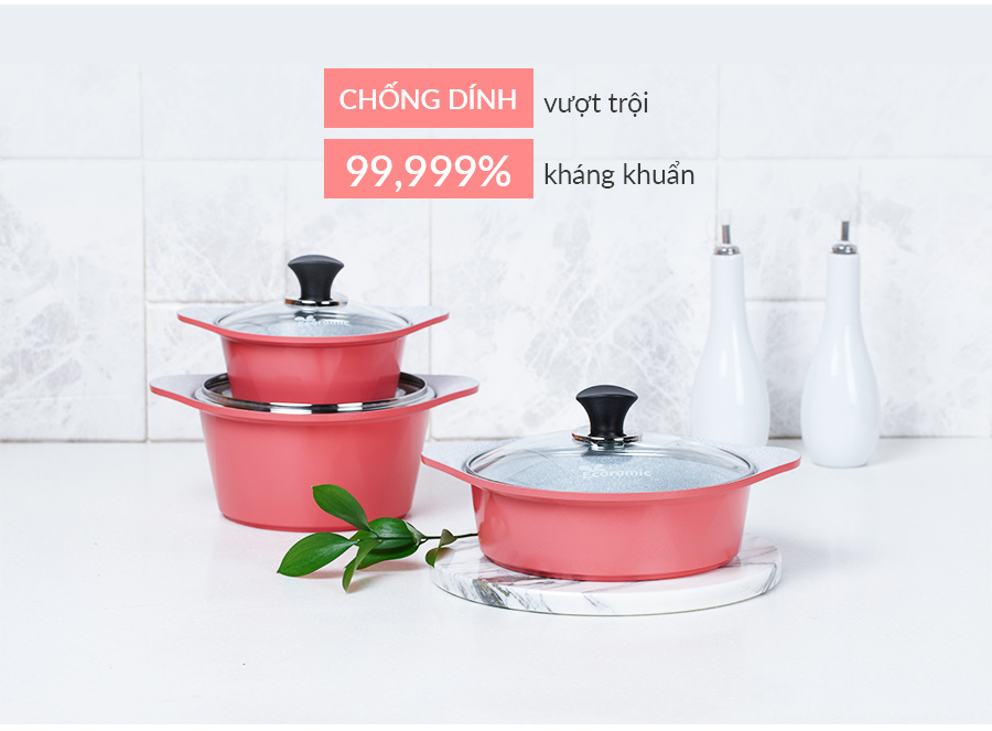 Bộ 4 nồi bằng đá Ceramic: nồi 1 tay cầm 18cm, Nồi 2 tay cầm 20-22-24cm tặng 1 cặp nhấc nồi sillicon (Nồi)