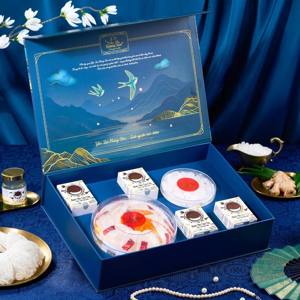 Hộp Quà Yến Sào Lộc Kim Thịnh Vượng Hoàng Kim (Set 50g Tinh Chế Sợi Thượng Hạng &amp; 4 Hũ Yến Chưng) Quà Tặng Đối Tác