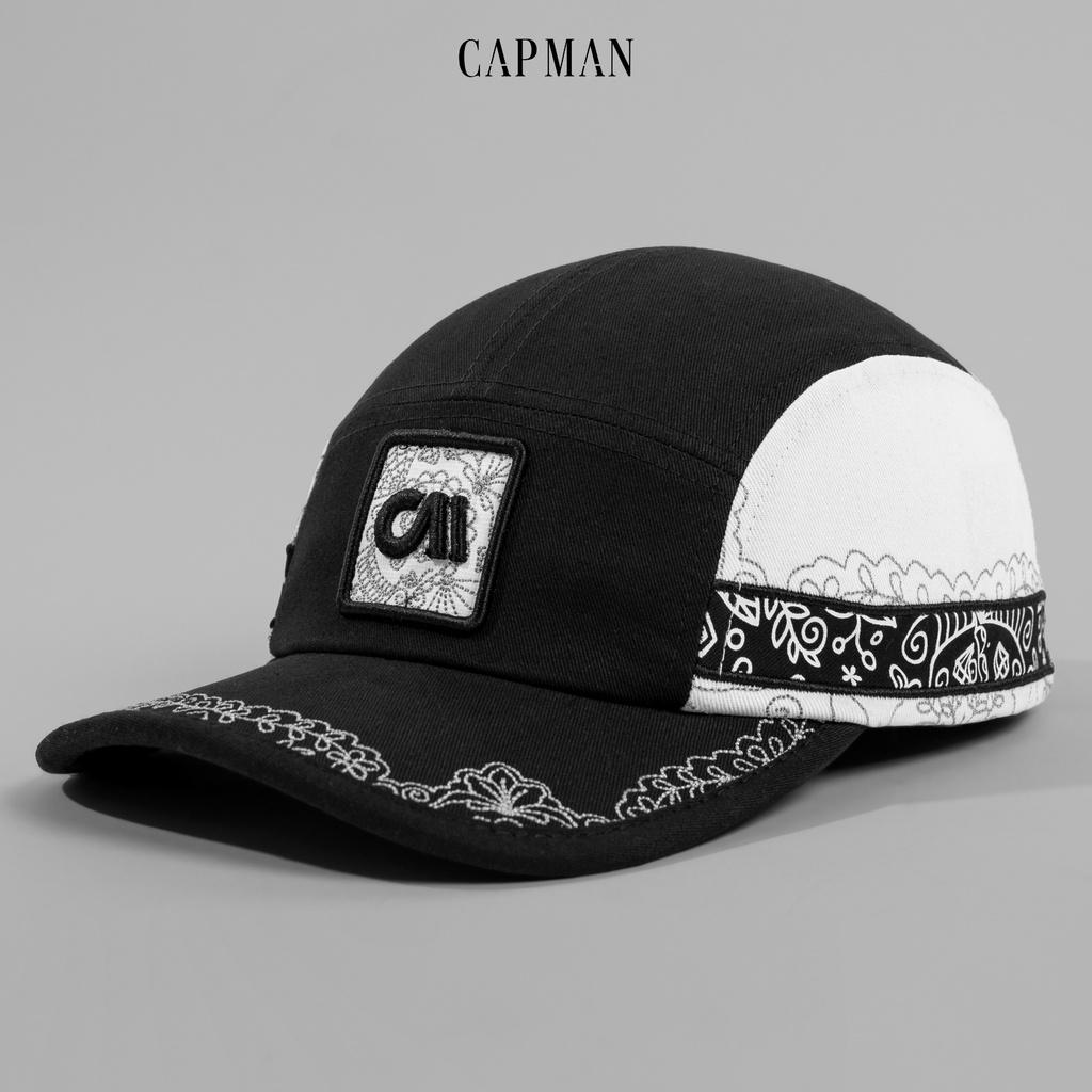 Mũ lưỡi trai phom 5panel CAPMAN CM68 dáng thể thao ôm đầu màu đen hoa văn viền lưỡi nón