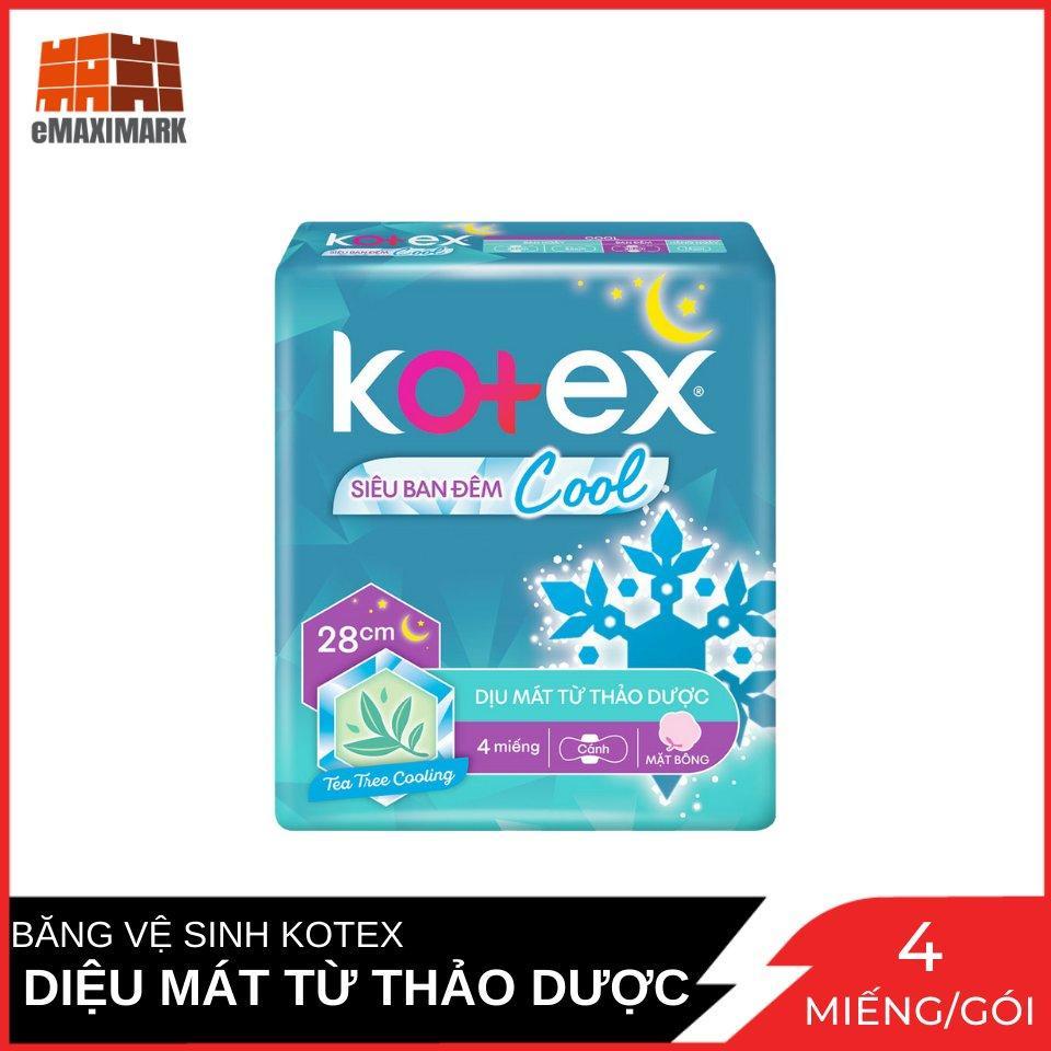 Băng Vệ Sinh Kotex siêu ban đêm Cool mặt bông cánh 28cm Gói 4 Miếng