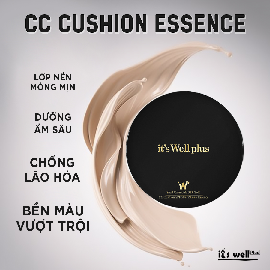 Kem Phấn Nước Trang Điểm Mềm Mượt Và Dưỡng Trắng Da It'S Well Plus Snail Calendula 333 Gold CC Cushion SPF50+/PA+++ Essence 15g