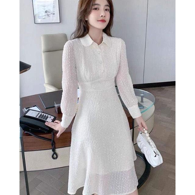 ĐẦM MIDI CỔ SEN TAY DÀI CHẤT VOAN NỔI 12938