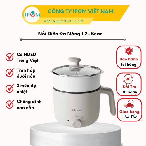 Nồi Lẩu Mini Bear Đa Năng Ca Nấu Mì, Hấp, Luộc, Xào 2 Tầng Phù Hợp Một Người, Sinh Viên - C12K1 - Hàng chính hãng Bảo hành 18 Tháng