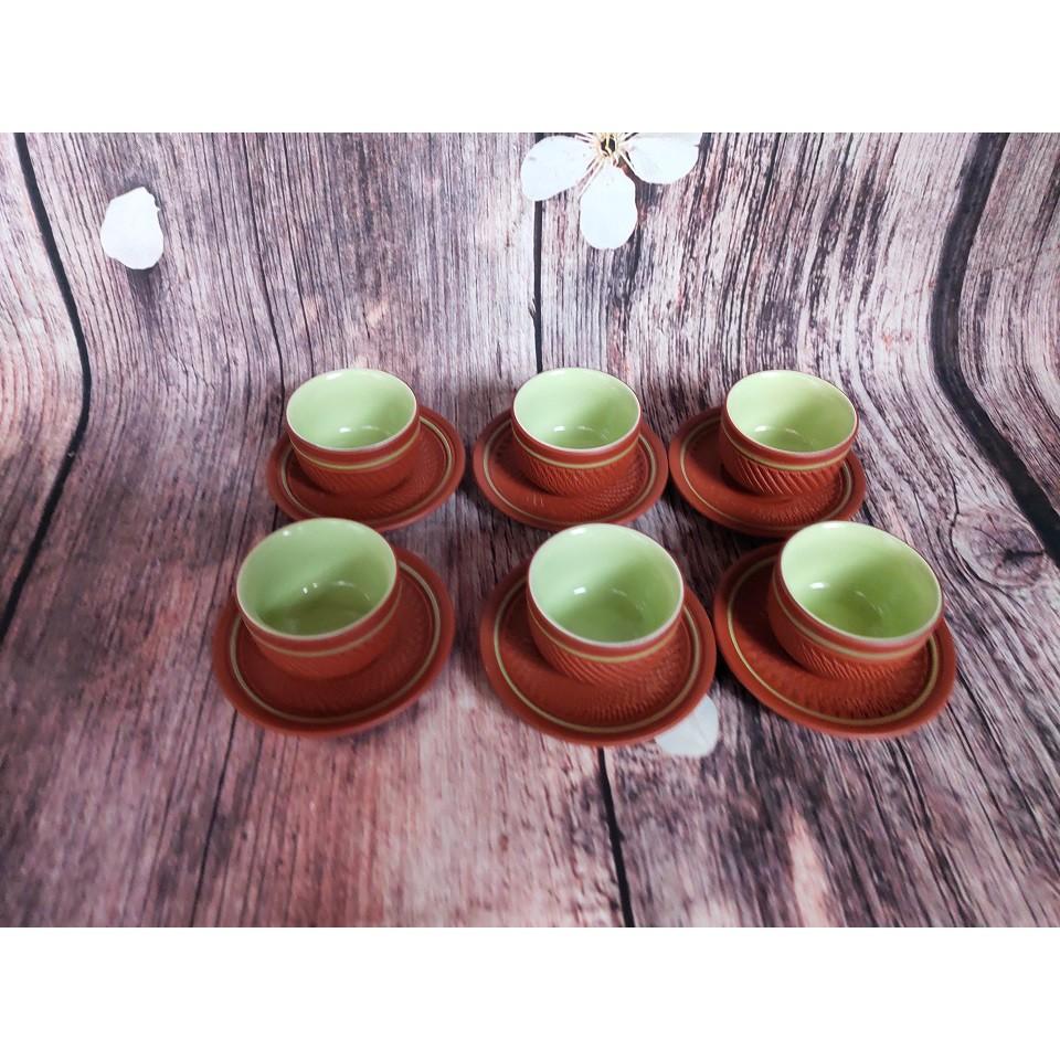 Bộ 6 chén gốm tử sa kẻ chỉ vàng cỡ vừa cao 4 cm có đĩa lót