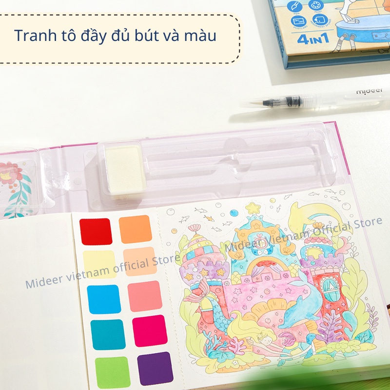 Bộ tranh tô màu nước 4in1 Mideer Watercolour Painting - Đồ chơi mỹ thuật 20 bức tranh nghệ thuật cho bé kèm bút