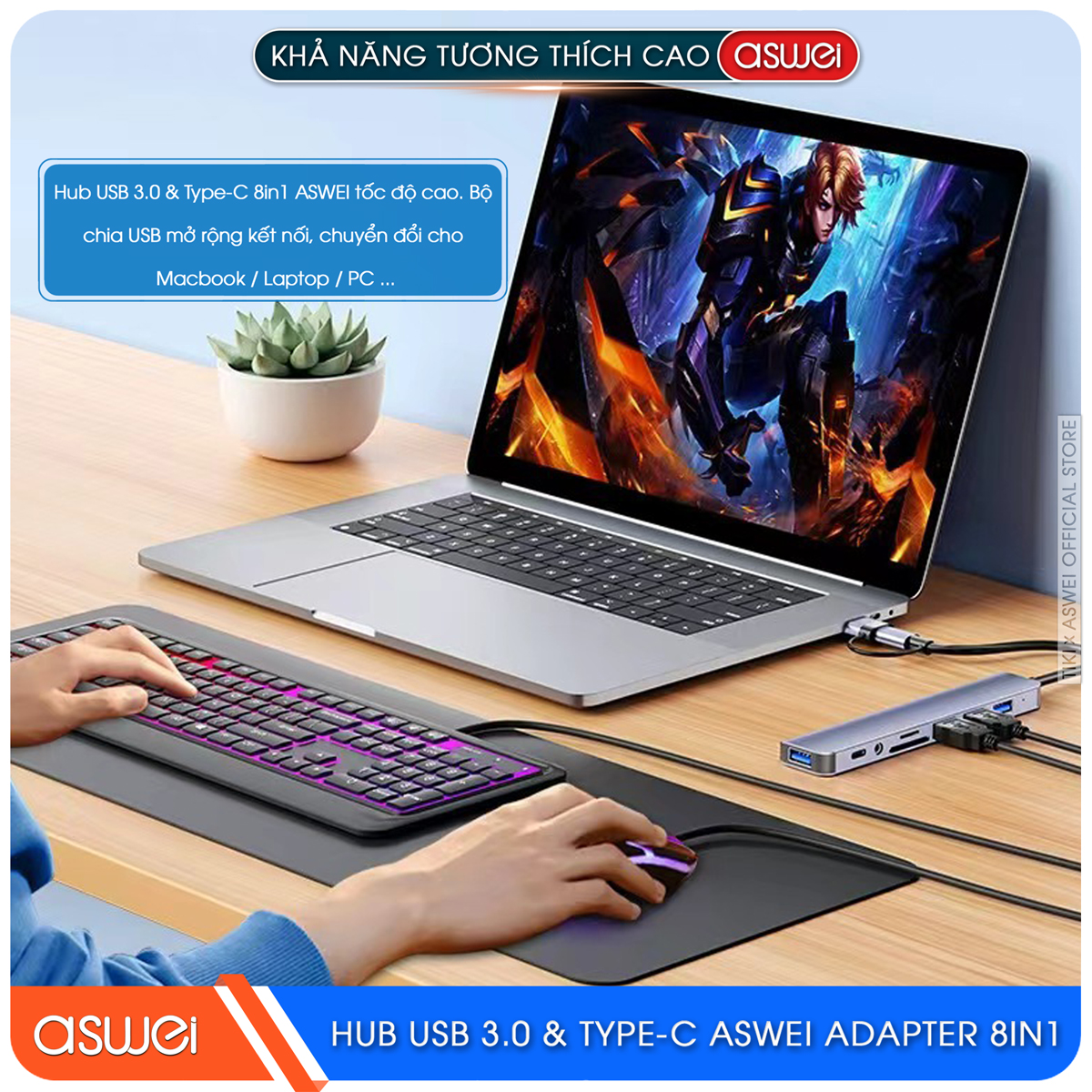 Hub USB 3.0 Và Hub Type C ASWEI 8 in 1 To USB 3.0, SD, TF, USB C, Audio 3.5 - Hàng Chính Hãng