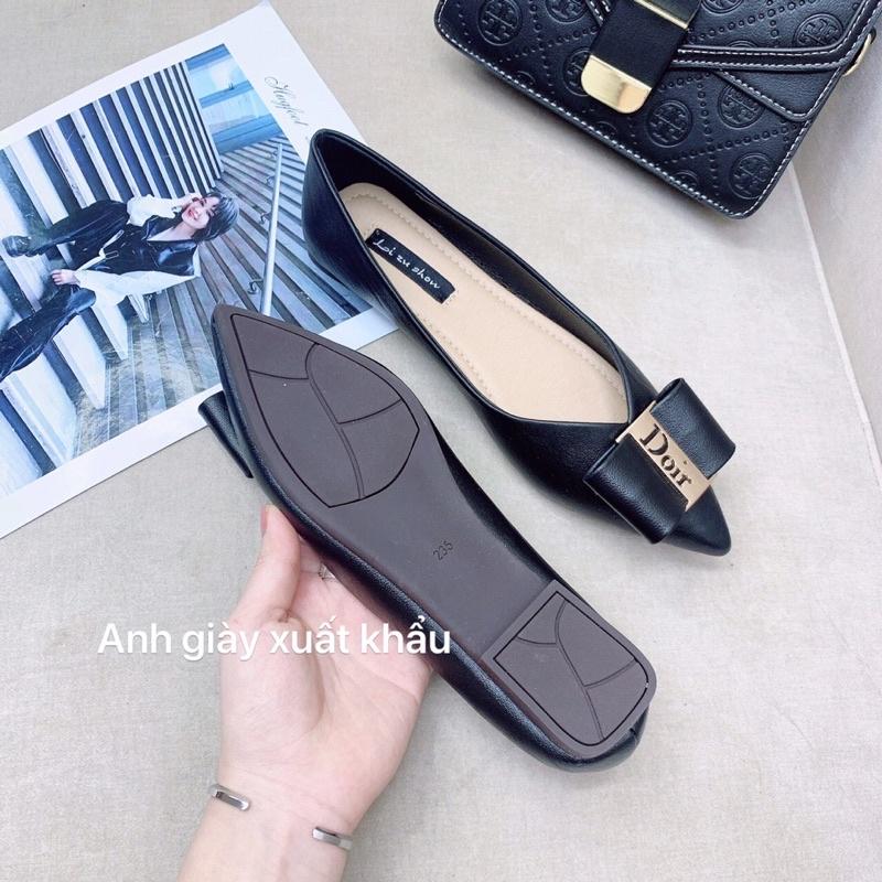 GB41 - Giày bệt da lì mũi nhọn nơ vuông to đế mềm,dẻo đi cựa êm chân