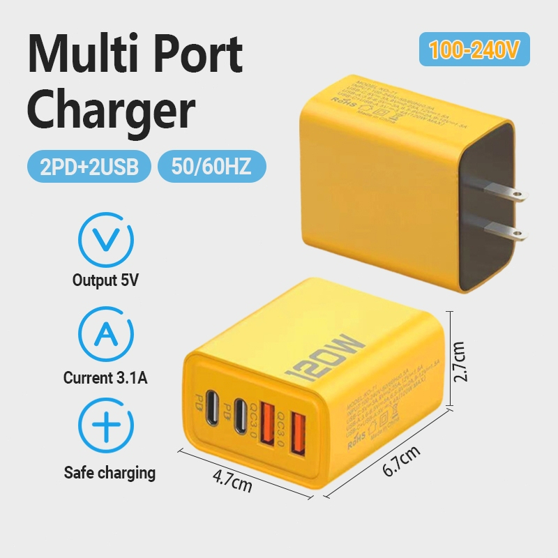 Củ Sạc Nhanh 120w đa năng gồm 2 cổng Type-C và 2 cổng USB, tặng kèm cáp 1 sạc Type C - Hàng nhập khẩu