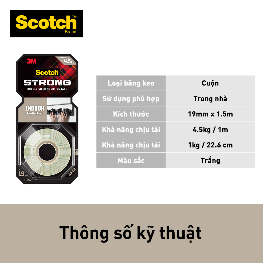 Băng keo hai mặt sử dụng trong nhà Scotch 3M 110 - M19,19mm x 4m-Dính siêu tốt, độ bền cao, chống tia UV, kéo nhẹ nhàng