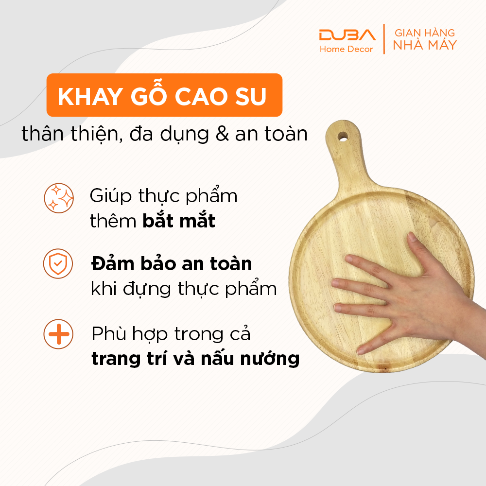 Khay gỗ cao su decor, thớt gỗ trang trí hình tròn có tay cầm màu tự nhiên đạt chuẩn xuất khẩu - DUBA