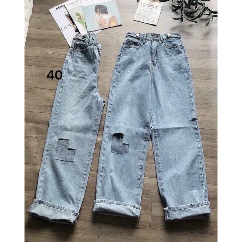 Quần baggy jeans rách gối ongs rộng lưng cao