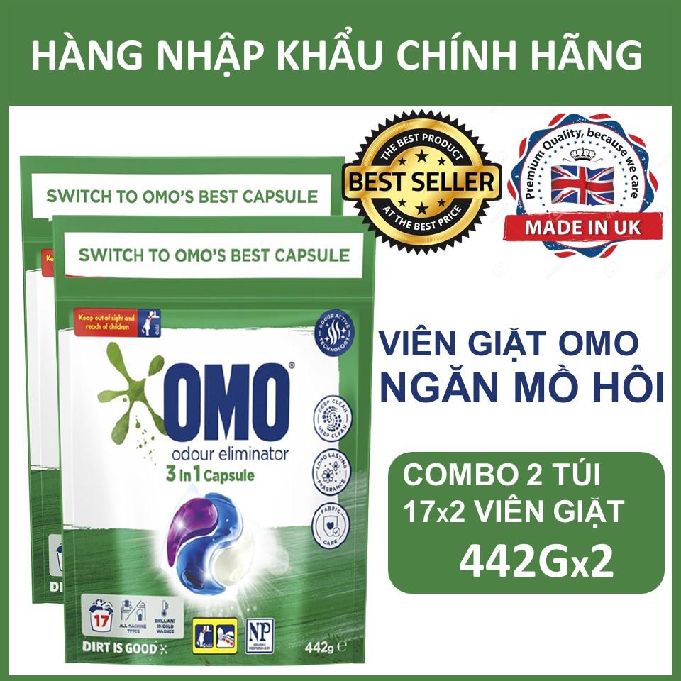 COMBO 2 túi viên giặt OMO Ngăn Mùi Hôi 3 in 1 Capsule Túi 17 Viên 442gx2
