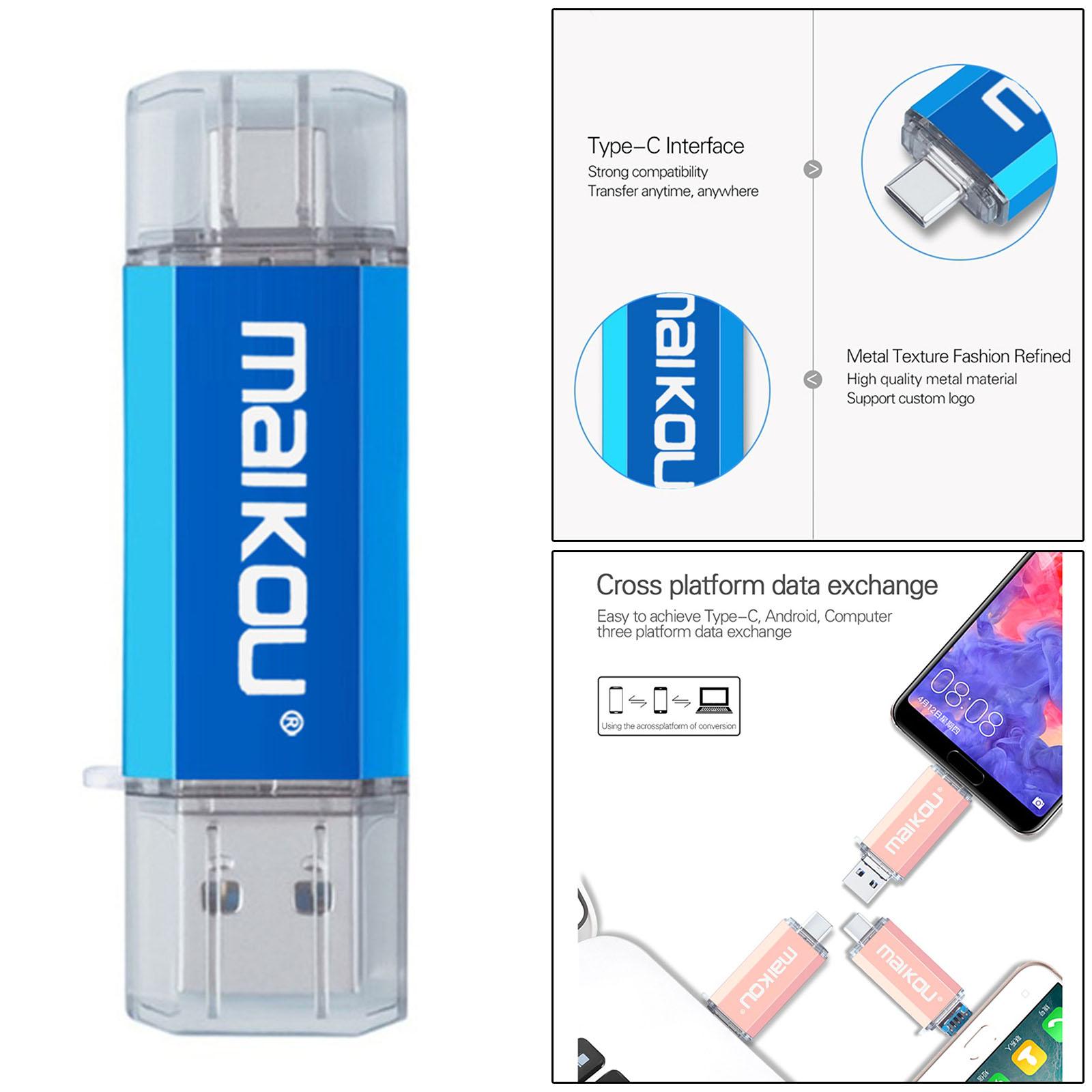 3 in 1 64G USB Flash Drive Type C Micro USB Memory Stick for Phone PC Blue