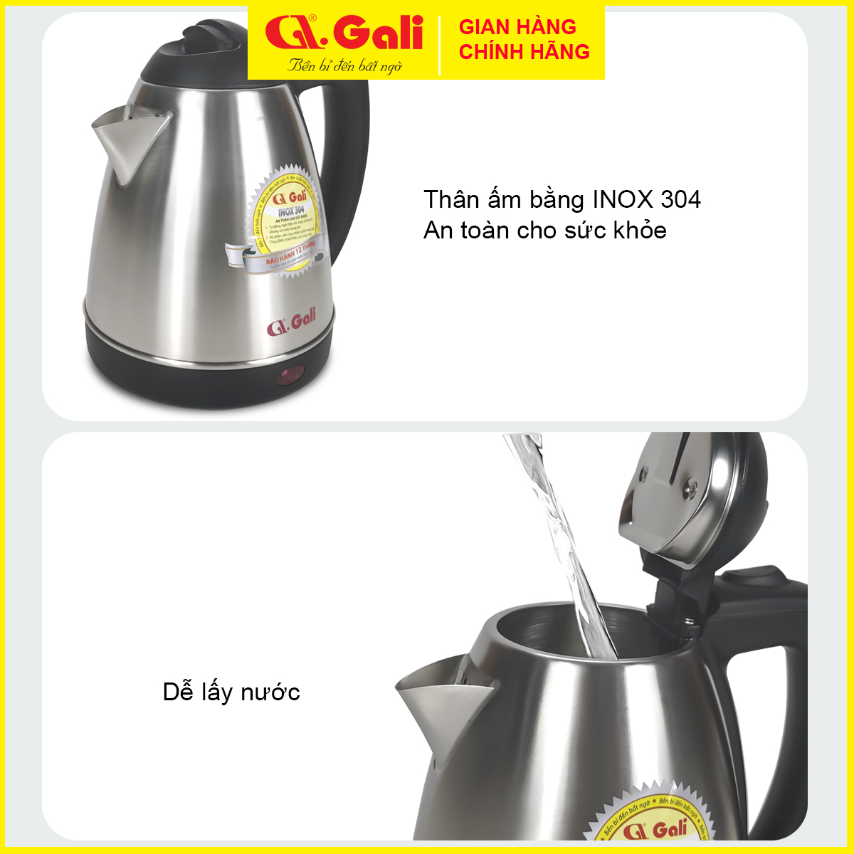 Ấm đun nước siêu tốc Gali dung tích lớn 5 lít, thân bình inox 304, đun sôi tự động ngắt điện, không phôi nhiễm, bảo hành 24 tháng Gali., hàng chính hãng 100%