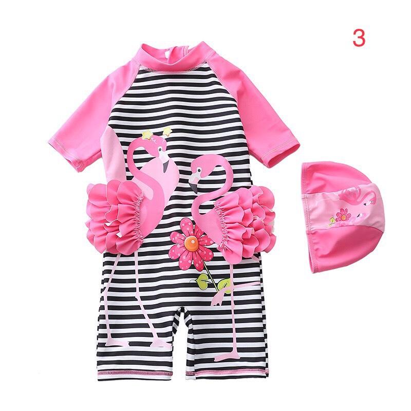 Đồ bơi bé gái liền thân hạc hồng kẻ đen