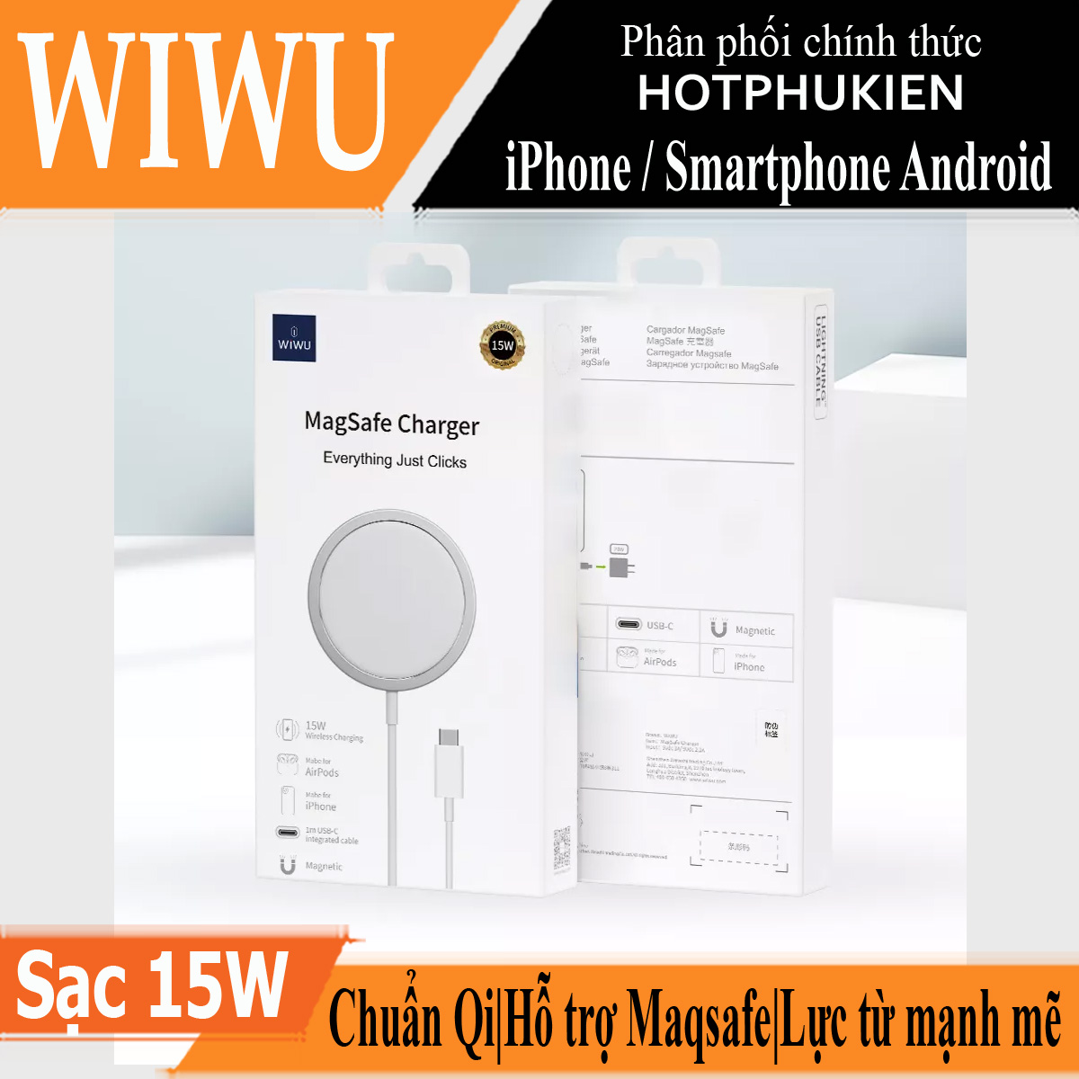 Đế sạc không dây Maqsafe sạc nhanh 15W chuẩn Qi hiệu WIWU Magetic Wireless Charger M5 (trang bị chip sạc thông minh, thiết kế siêu mỏng nhẹ) - hàng nhập khẩu