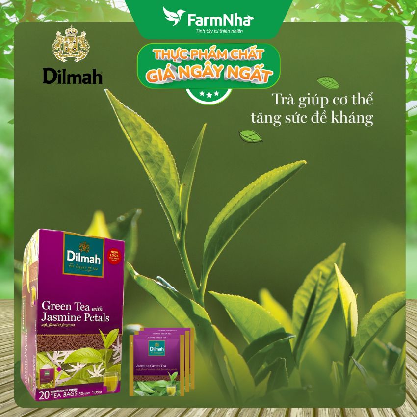 (Combo 2 hộp) Trà Dilmah Green Tea with Jasmine Petals 30g 20 Túi x 1,5g Hương hoa Nhài - Đóng gói từng túi riêng biệt giữ hương vị tuyệt vời lôi cuốn