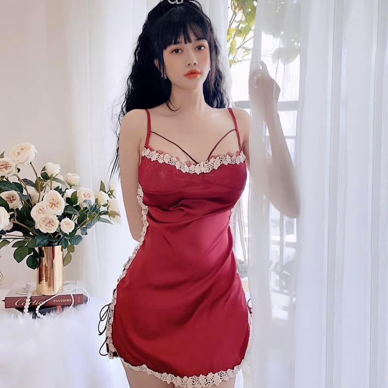 Đầm ngủ nữ satin đan dây ren hoa nhí sexy Q85 - Váy ngủ hai dây - Váy ngủ sexy - Đồ ngủ mặc nhà