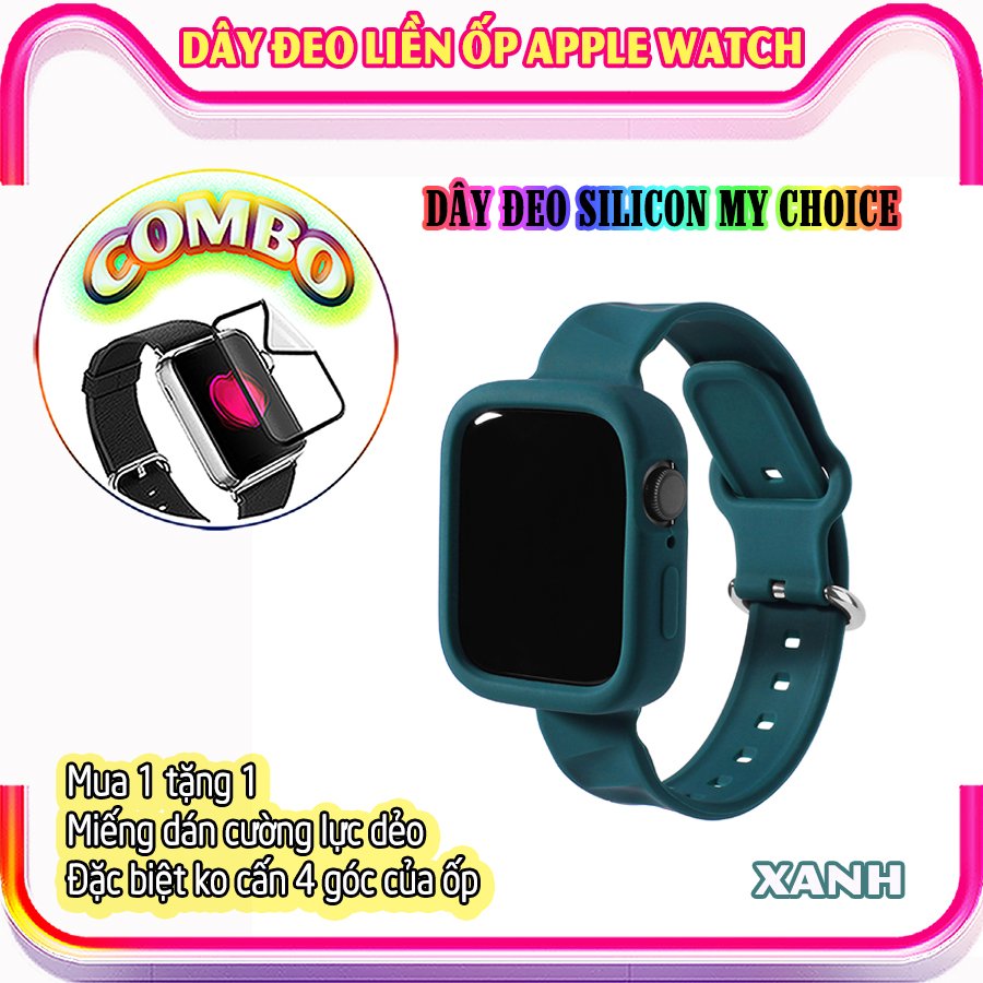 Dây Đeo liền ốp dành cho Apple Watch size 38/40/42/44mm silicon my choice - Xanh (tặng dán KCL theo size)