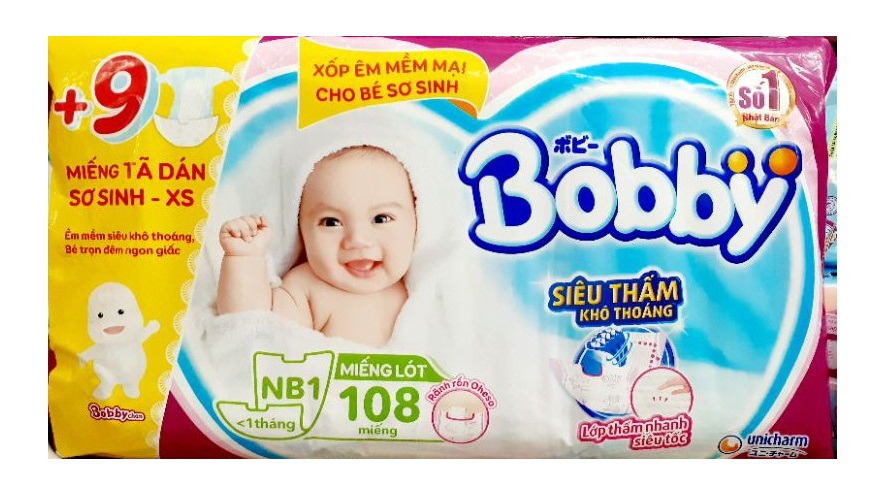 Miếng Lót Sơ Sinh Bobby Fresh NB1 - 108 (108 Miếng Newborn) + 9 Miếng Tã Dán Sơ Sinh - XS