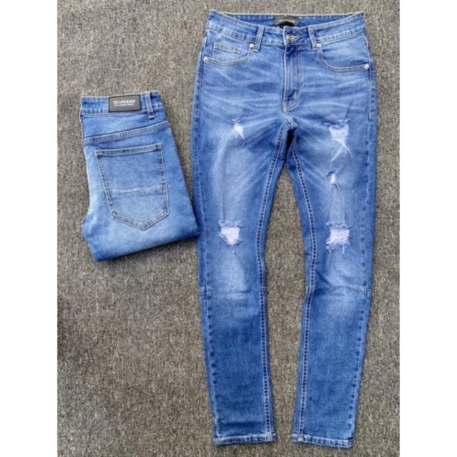 Quần Jeans Nam Streetwear Cao Cấp TLB Vietnam, Quần Bò Màu Xanh Form Skinny Jeans Rách Gối Co Giãn