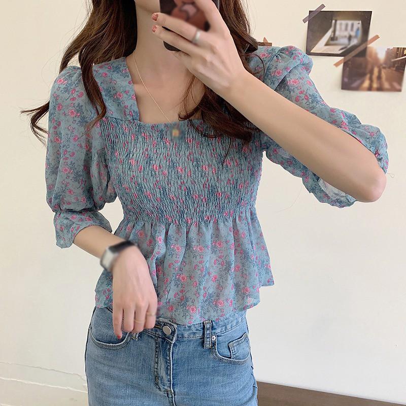 Áo Kiểu Vải Voan Tay Ngắn Cổ Vuông In Hoa Xinh Xắn Cho Nữ