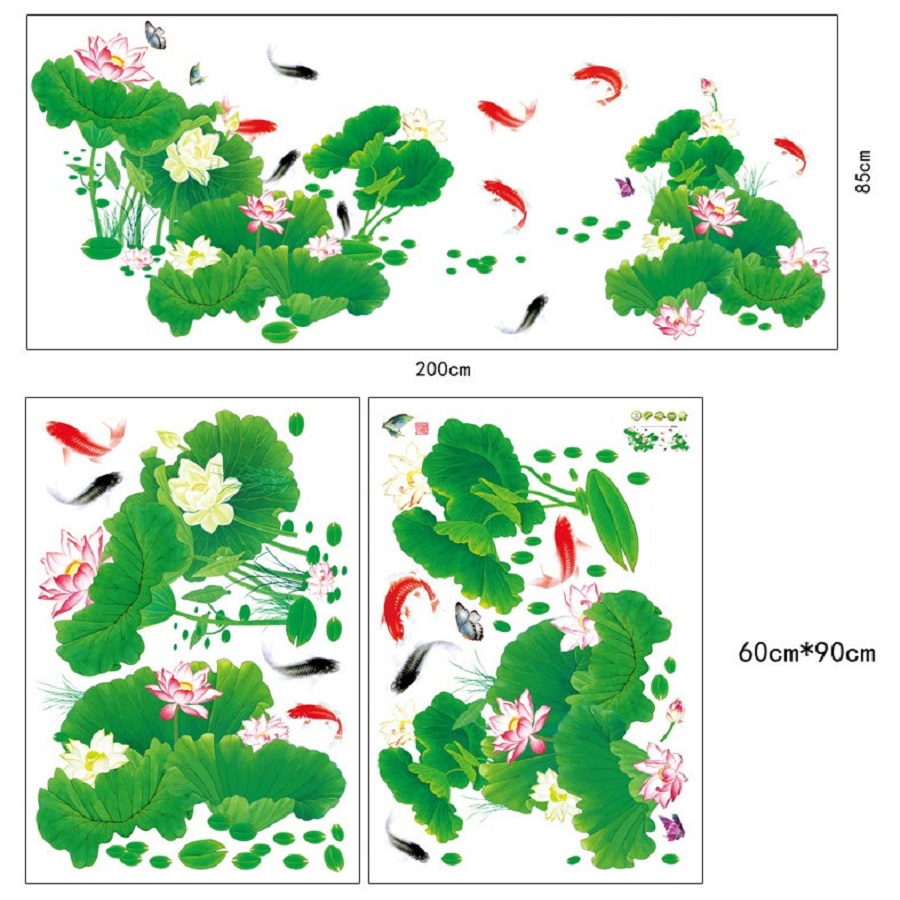 Decal dán tường hồ sen xanh cá chép size đại trang trí phòng sang trọng