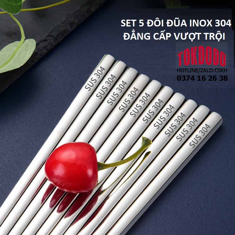 5 Đôi Đũa Inox 304 Hàng Cao Cấp Hoa Văn Chống Trơn Trượt Hàng Chính Hãng