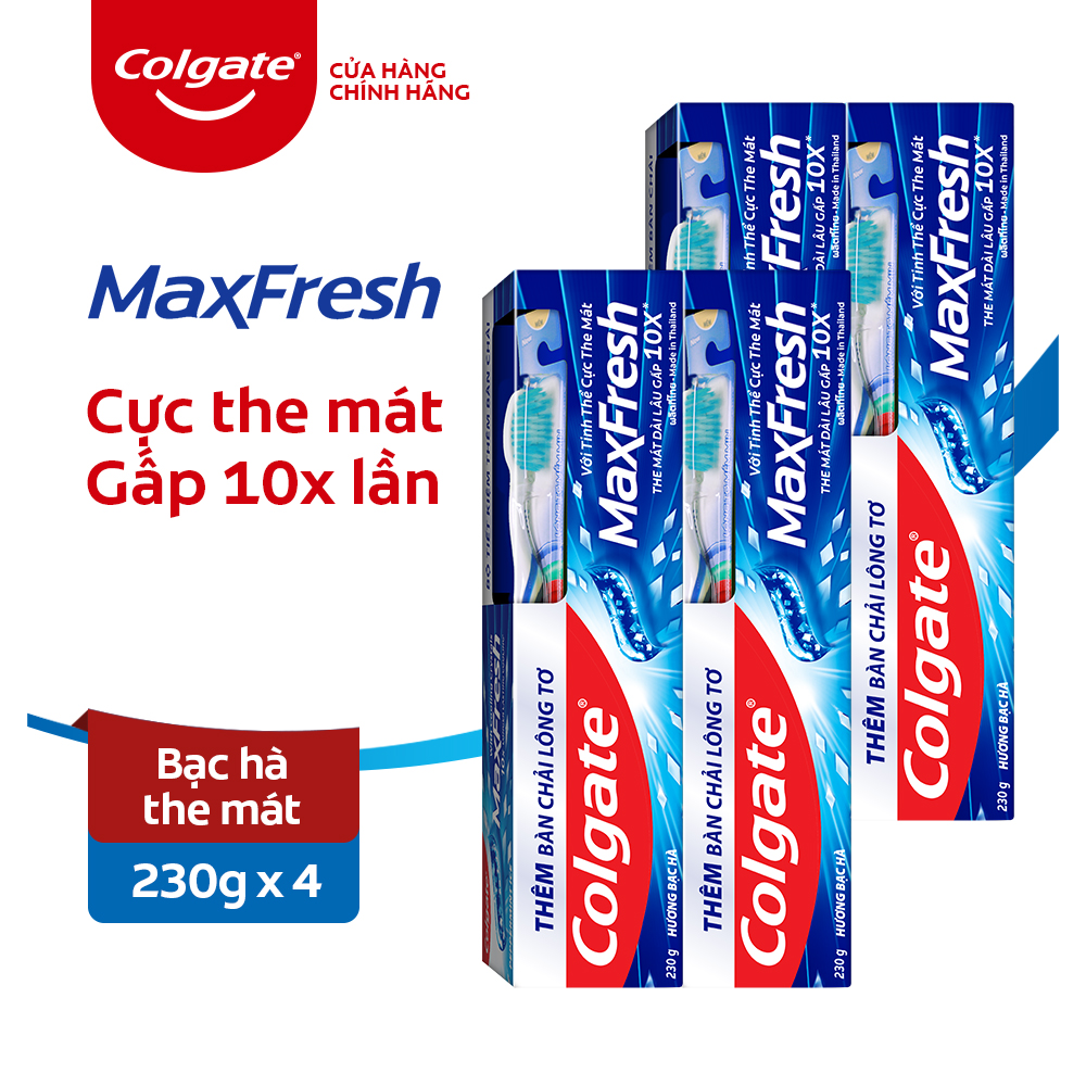 Bộ 4 Kem đánh răng Colgate bạc hà the mát Maxfresh 225g/tuýp tặng bàn chải đánh răng lông mềm