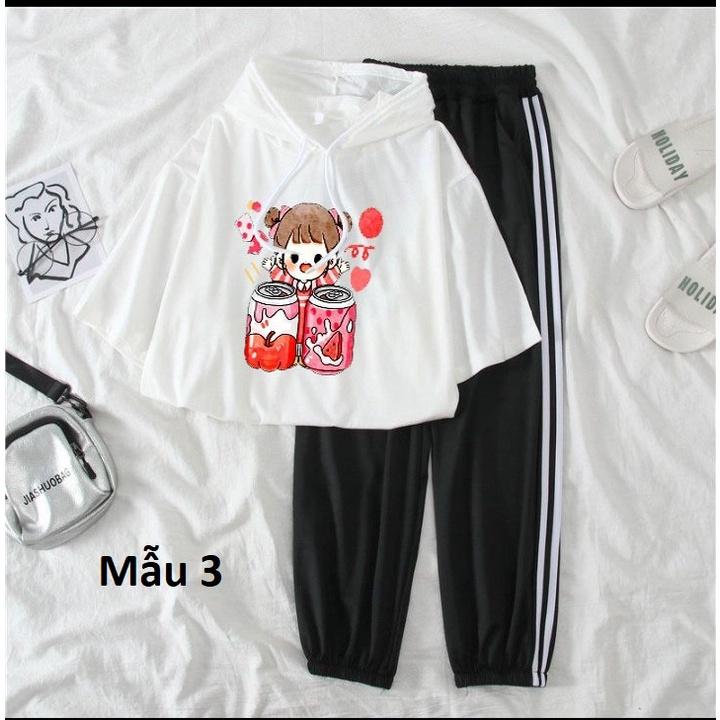 Set bộ áo thun có mũ kèm quần bo đen hình các bé động vật xinh xắn