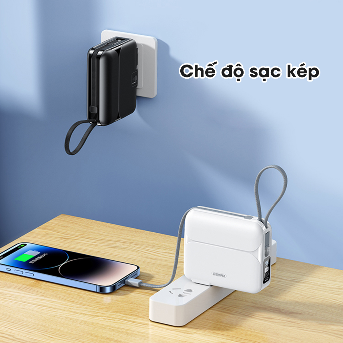 Sạc dự phòng 20000mAh kiêm củ sạc Remax RPP 553 thiết kế kèm dây sạc nhanh 27w cho 14 Serie - Hàng Chính Hãng Remax