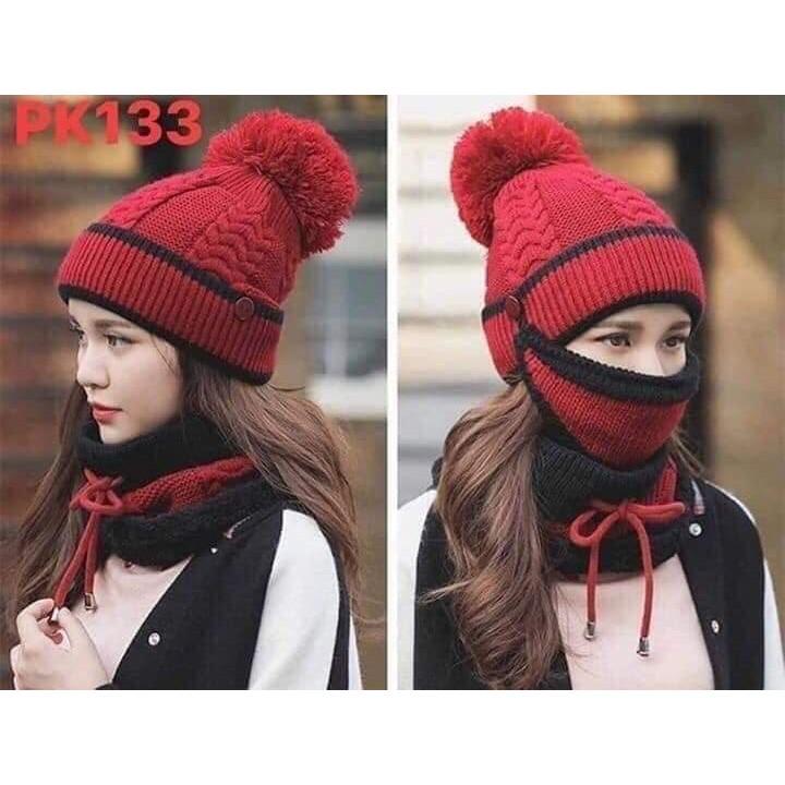 SET KHĂN MŨ LEN QUẢ BÔNG SIÊU DÀY ẤM CHO NỮ