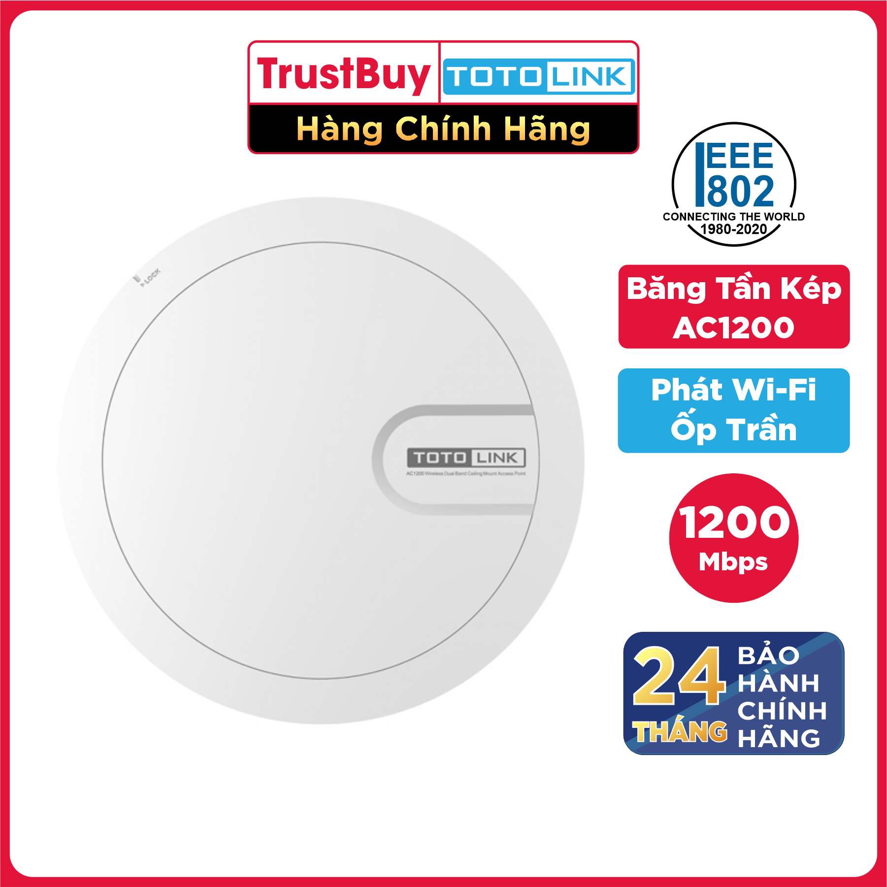 Bộ Router Phát WiFi Ốp Trần Chuẩn N Tốc Độ 1200Mbps Multi-SSID TOTOLINK CA1200-W - Hàng Chính Hãng