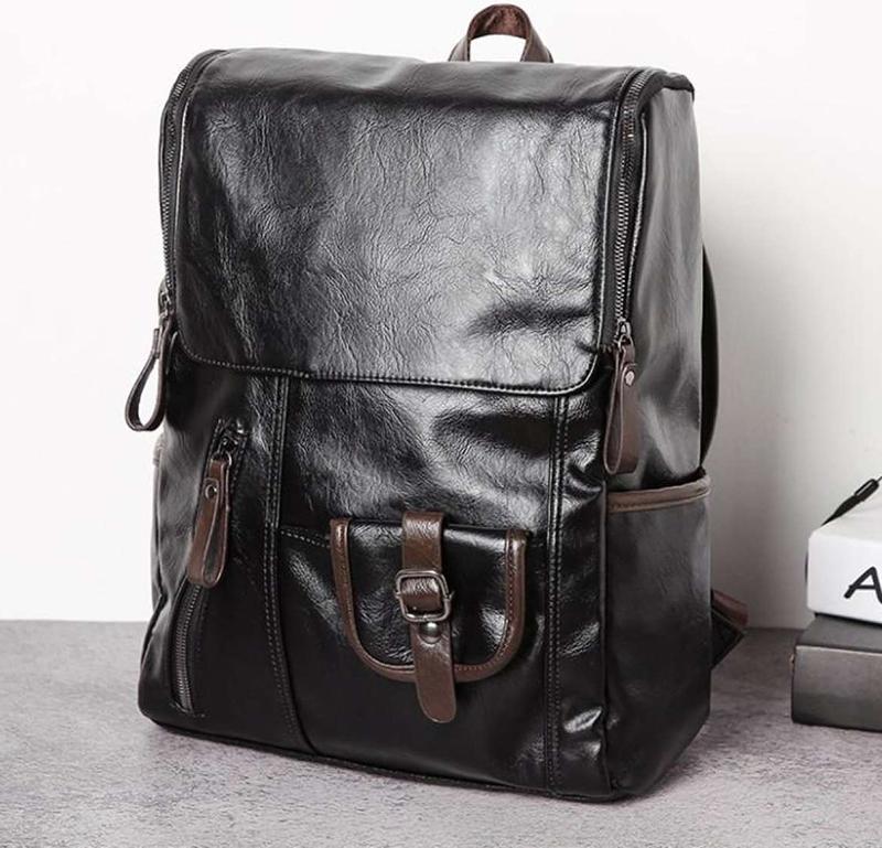 Men's Large Capacity Leather Casual Laptop Backpack - Black