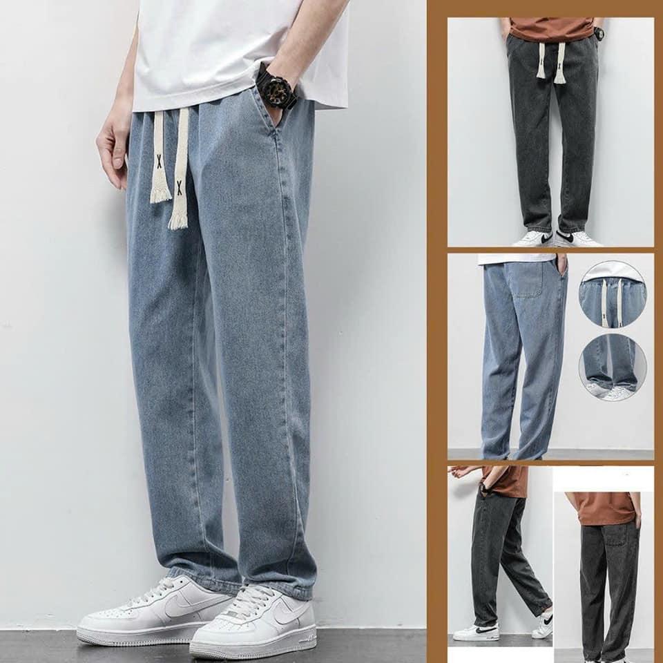 Quần baggy jean nam lưng thun phối dây bảng to - Quần bò nam ống suông rộng cạp chun mẫu mới